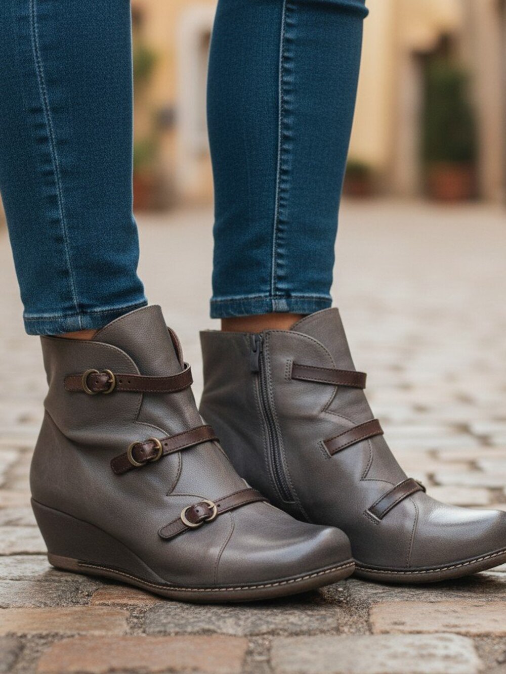 Eric Michael "Lena" Dark Grey Leather Buckle Ankle Boots